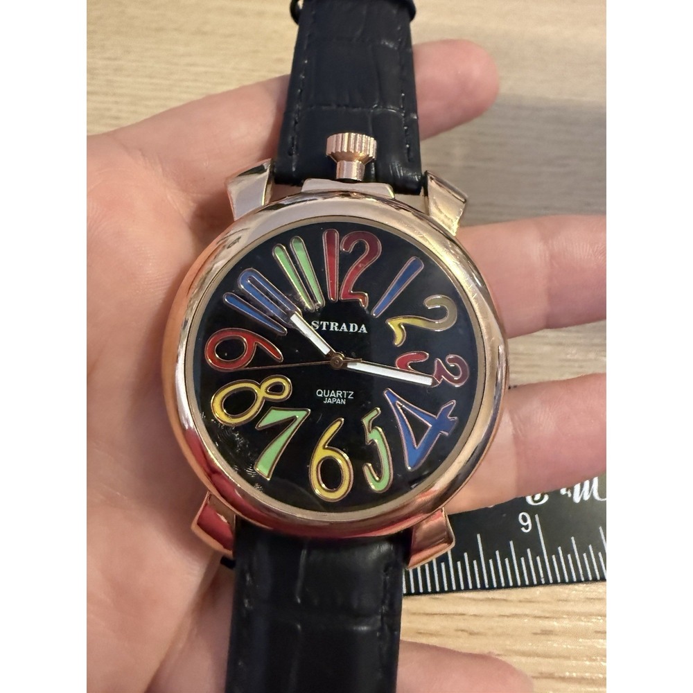 Strada Genuine Leather Black Watch With Multicolor Numbers Vintage